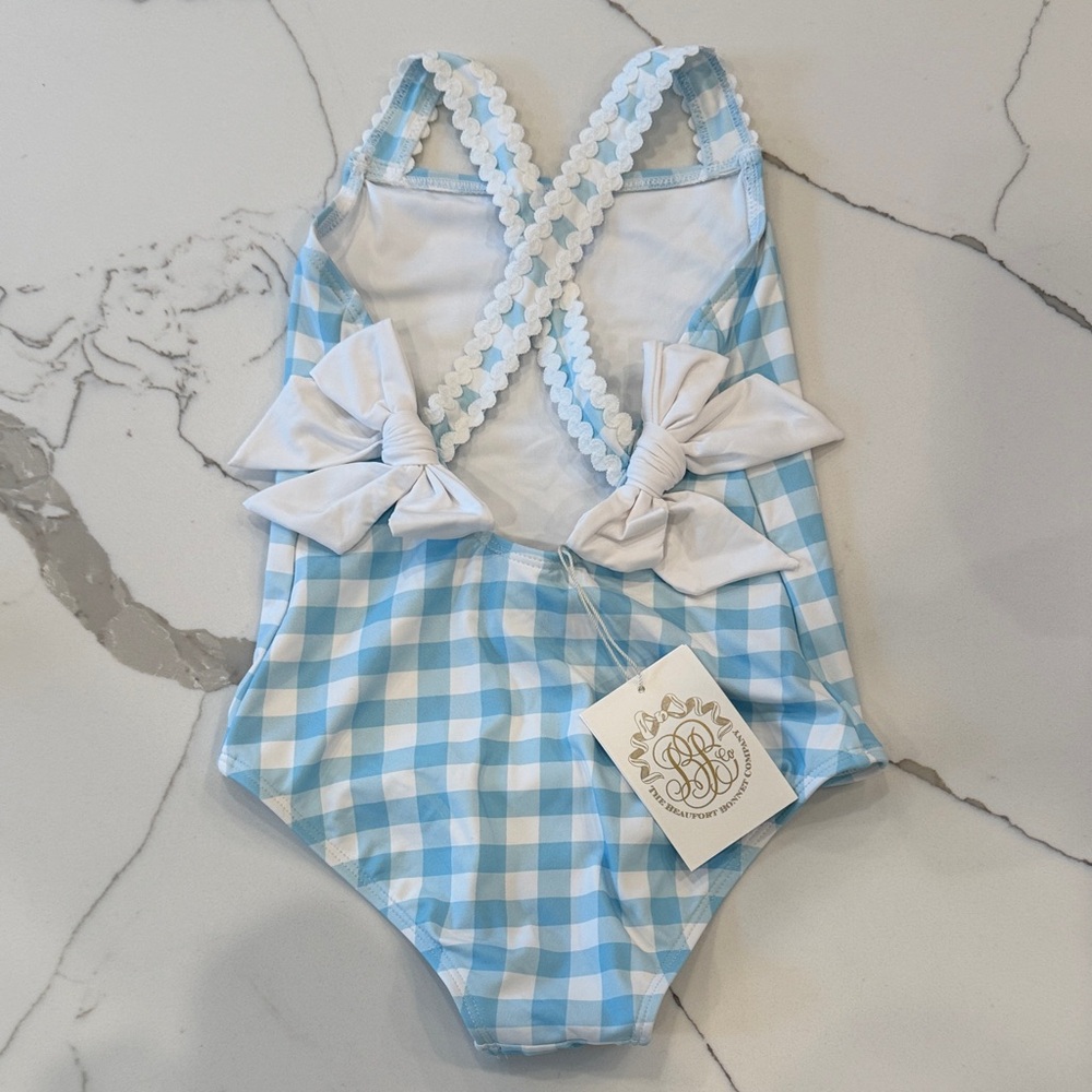 Toddler girl Blue and White Gingham Swimsuit with Bows